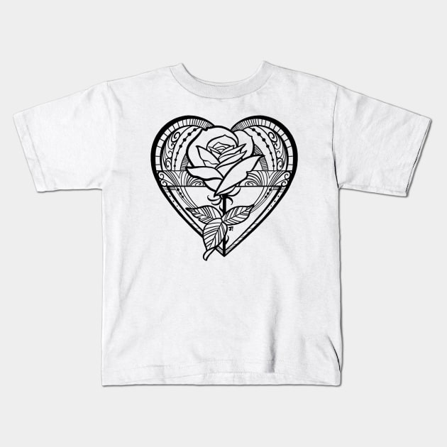 Tattoo style rose and heart Kids T-Shirt by Jhooray